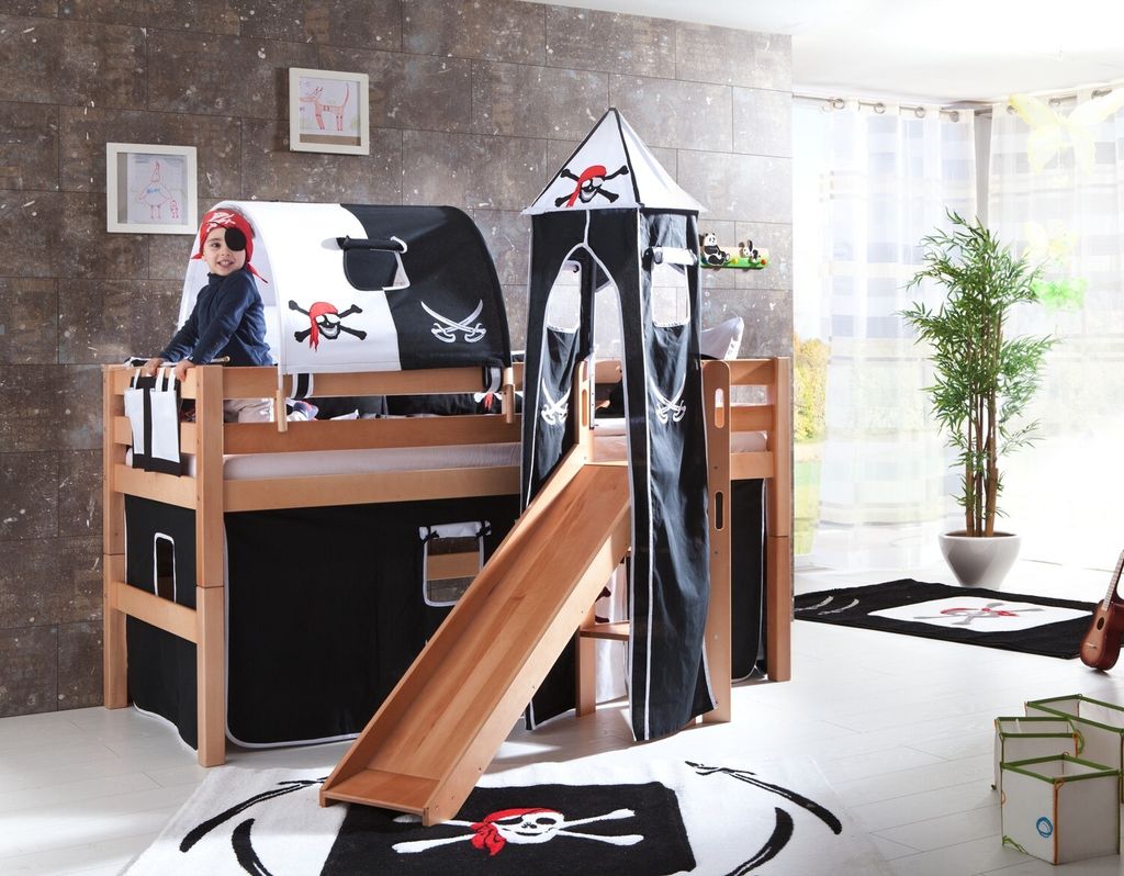 Halbhohes Spielbett Elyas Buche Natur 90x200 cm mit Rutsche und Turm