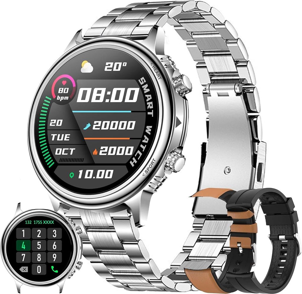 Smartwatch für Männer, Telefonfunktion, 1,32-Zoll-Touchscreen, Fitness-Tracker, IP68 wasserdichter Aktivitäts-Tracker für Android iOS (Silberst...