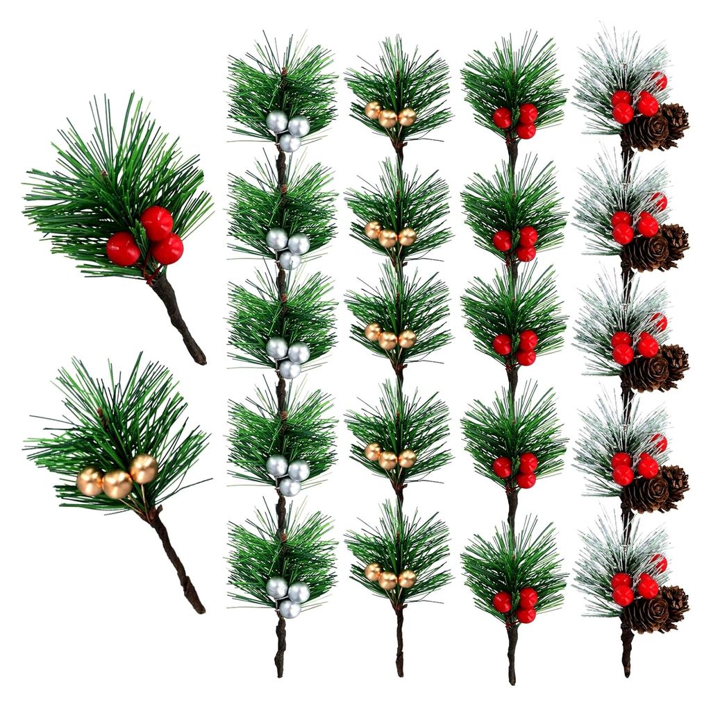 20 Stück Weihnachtsbeeren Zweige, Künstliche Tannenzapfen Deko, Rote Beeren Tannenzweige für DIY Girlande Christbaum Party Dekoration