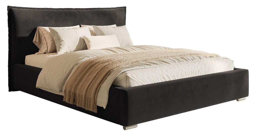 Polsterbett 140x200 cm Zenito mit Kissen-Kopfteil - Schlafzimmer, Doppelbett 140x200 mit Bettkasten, Samt Schwarz