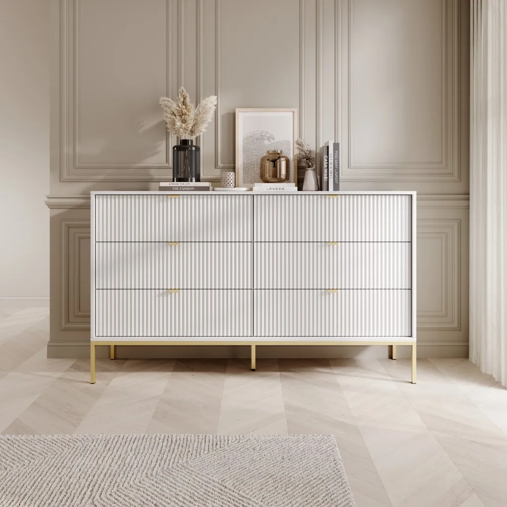 Buffet de rangement bas blanc et doré MISHEEL avec tiroirs spacieux