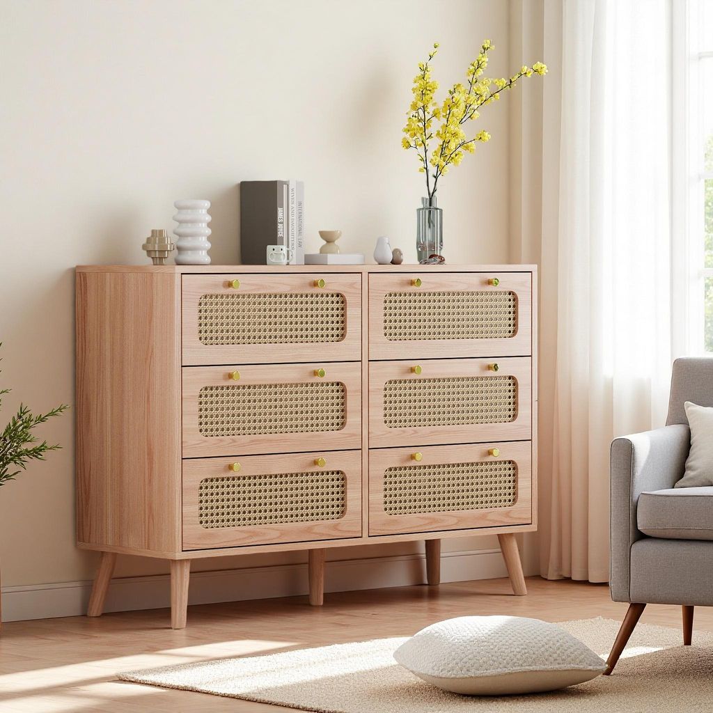 Kommode mit 6 Schubladen aus Naturholz mit Fronten aus geflochtenem Rattan, Massivholzrahmen