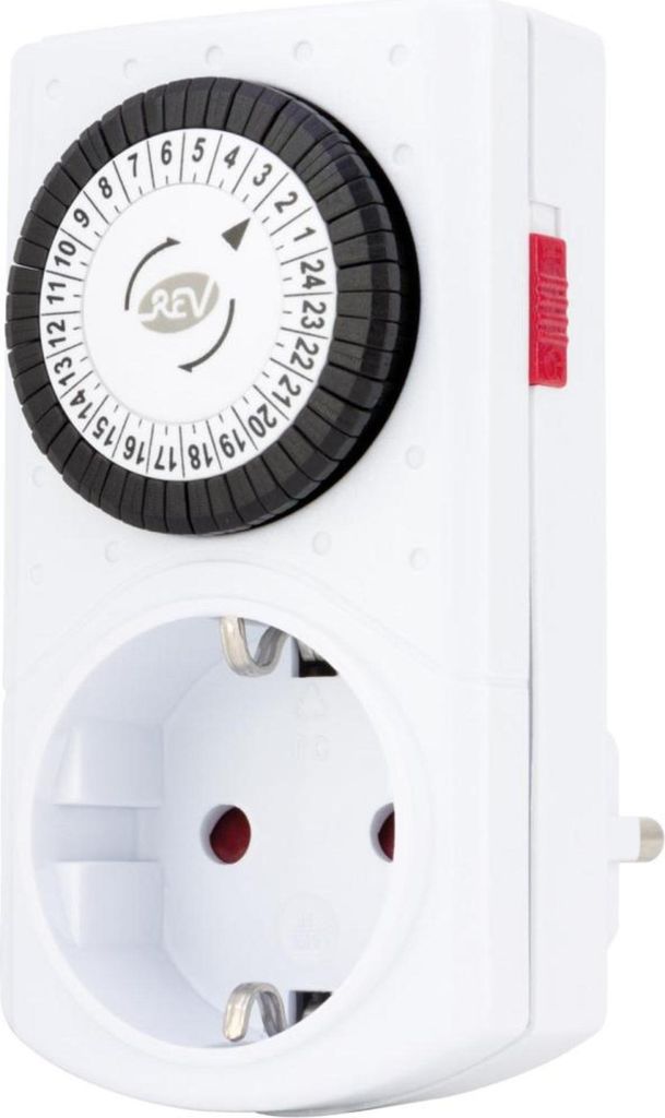 A white mechanical timer plug with a black dial and red switch.