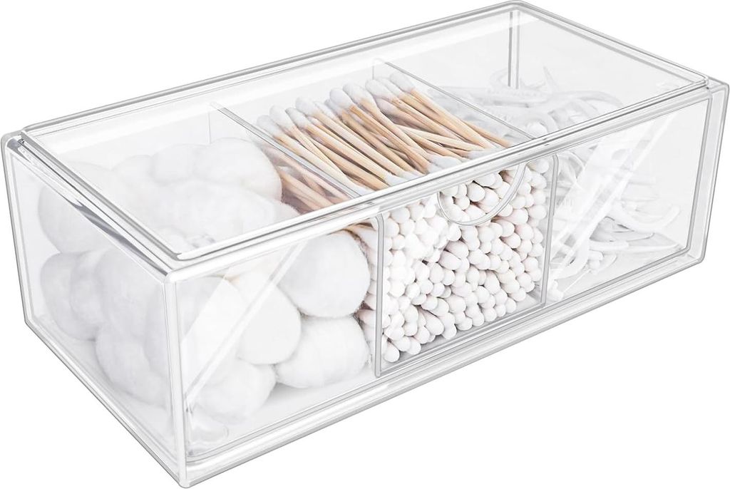 Wattestäbchen Behälter,Schubladen Organizer Stapelbar,Wattestäbchen Behälter Transparent 3 Fächer,Für Kommode Waschtisch Badezimmer Küche
