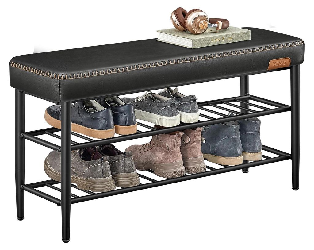 Schuhbank - Flurbank mit Schuhregal - Sitz aus Kunstleder - Ziernähte - Belastbar bis 135 kg - 30×100×50 cm - Schwarz