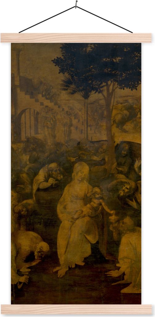 MuchoWow Textilposter Anbetung der Könige - Leonardo da Vinci 60x120 cm mit holzfarbenen Rahmen - Holz