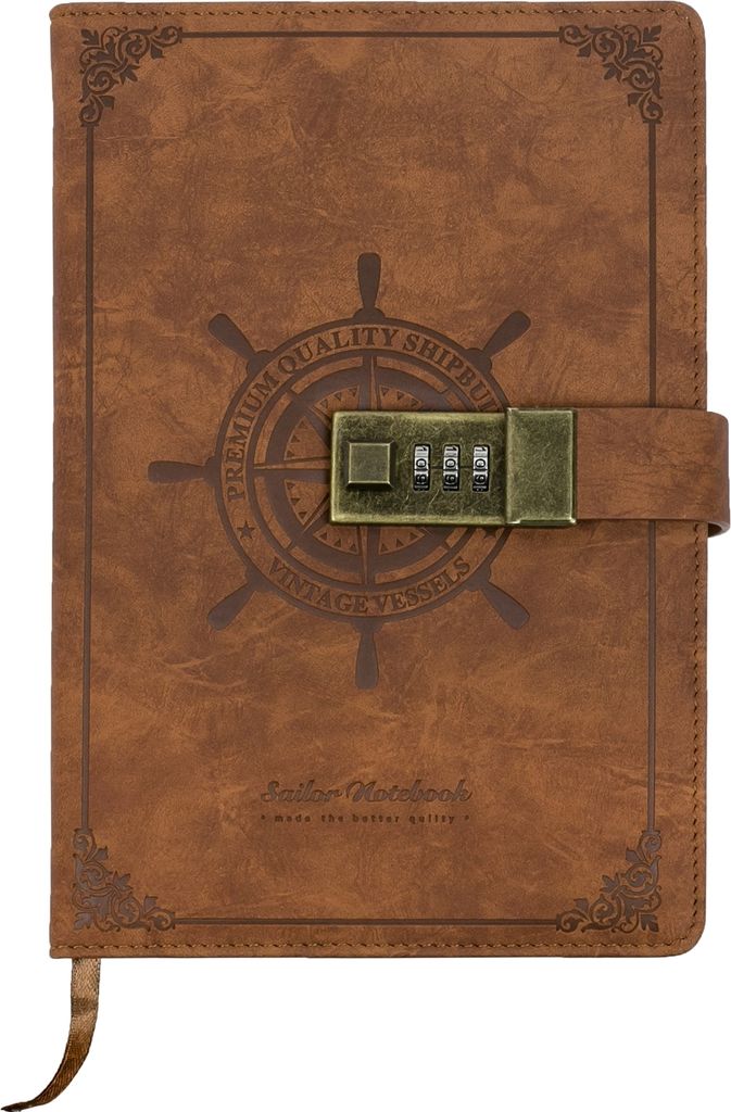 HMF Notizbuch mit Schloss, Tagebuch liniert mit Code, Vintage, Kunstleder, A5, Braun