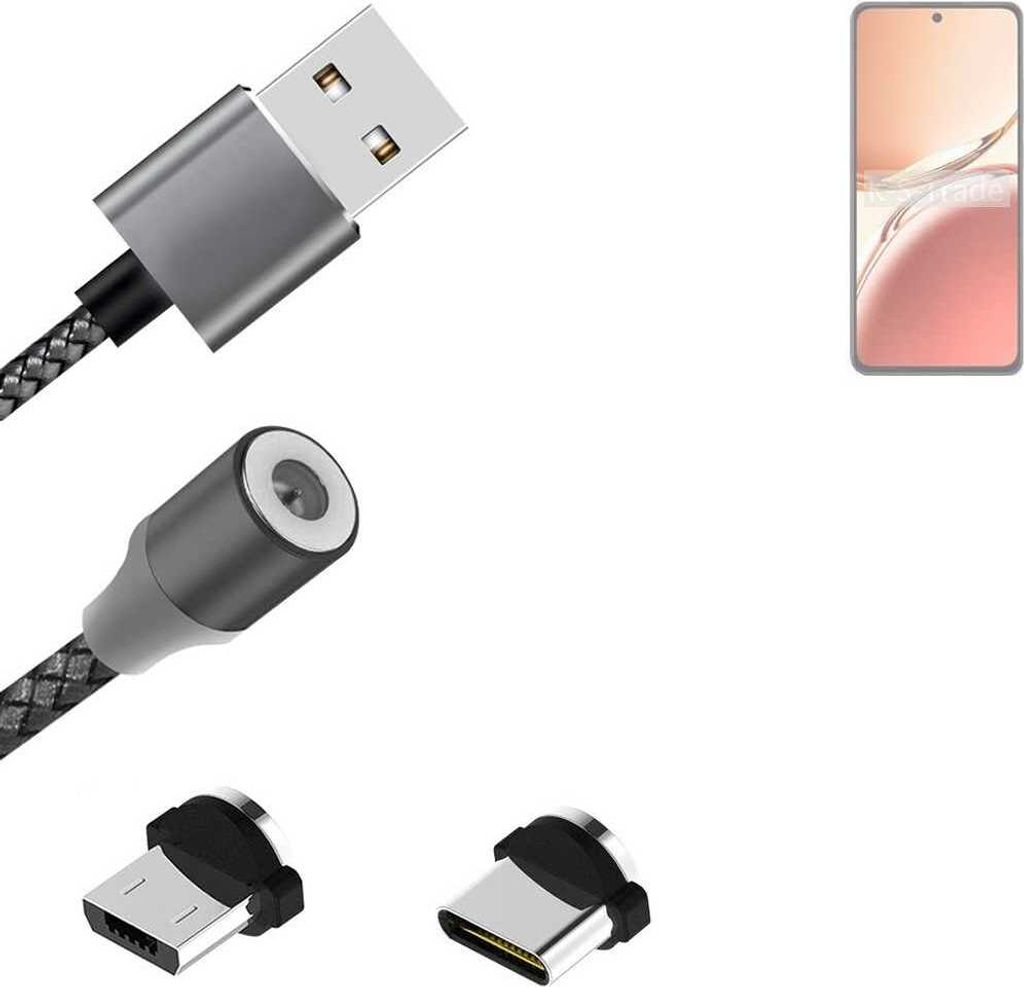 K-S-Trade Hochwertiges Magnet-Lade-kabel Sync-Kabel Daten-Kabel kompatibel mit Oppo Reno12 F 4G mit USB-Typ-C-Anschluss und Micro-USB-Anschluss 2A bis