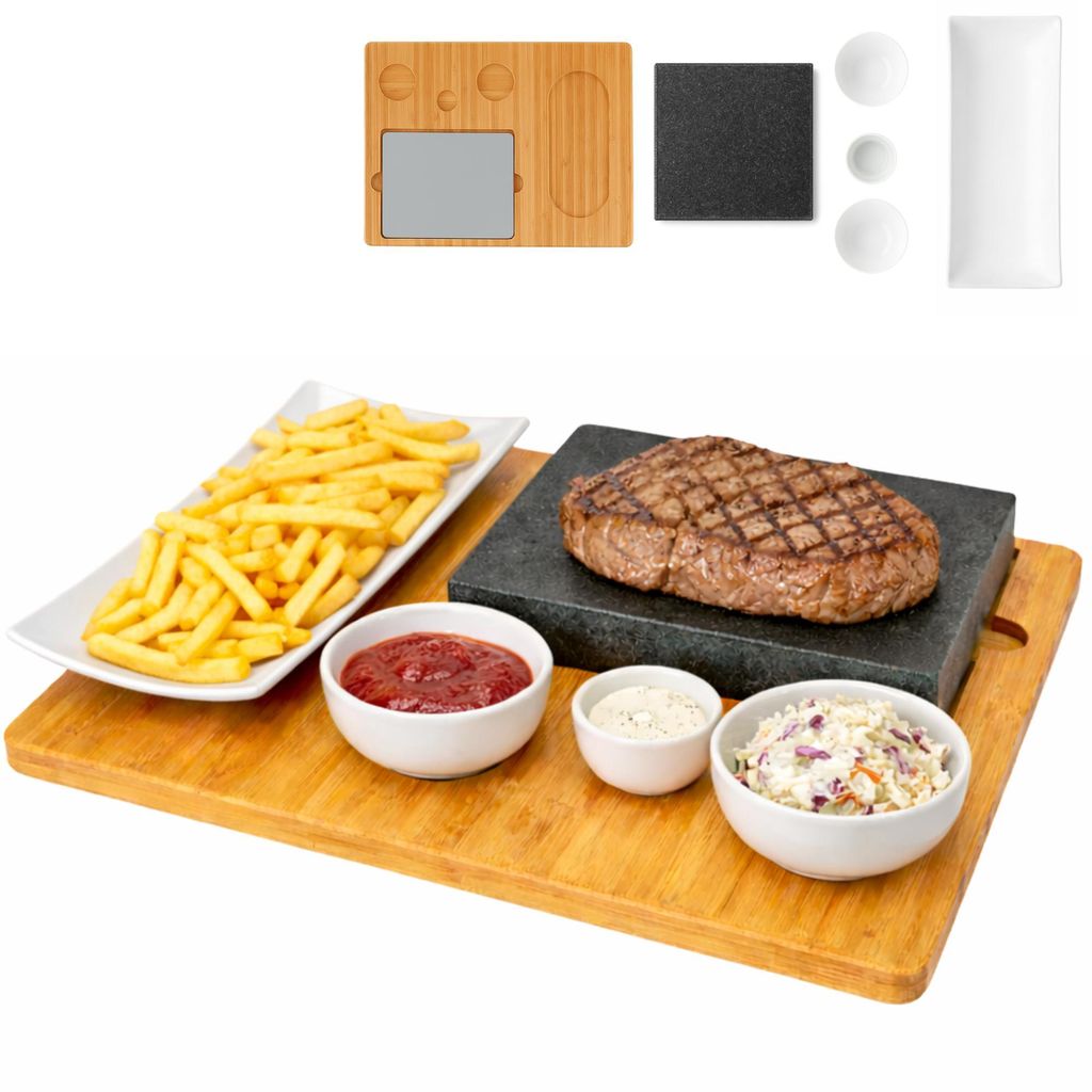 Lavastein Steakbrett, Servierplatte, Bambusbrett mit Hot Stone Grill, Steak Grillplatte, Steinplatte, Tischgrill Grill Set
