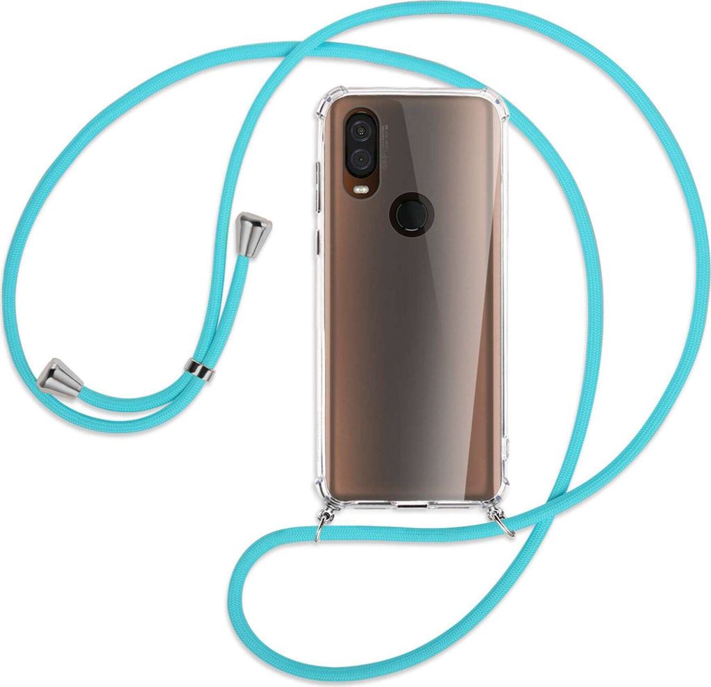 Handykette Backcover-Schutzhülle mit Band (Metall silberfarben) für Motorola One Vision - türkis