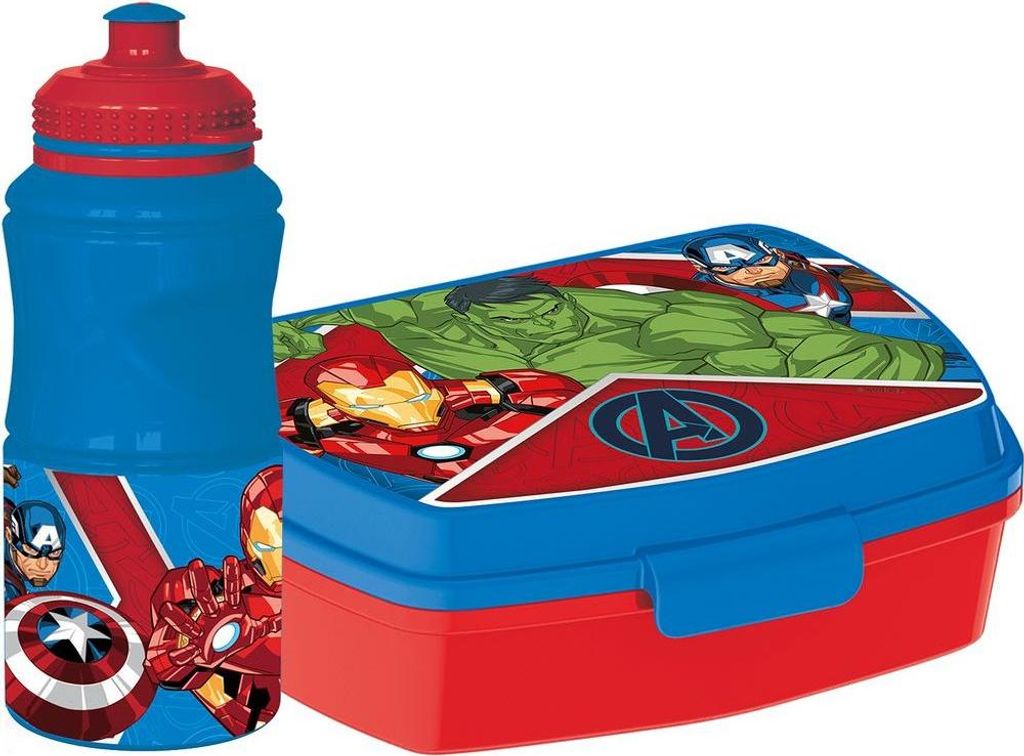 Tataway Marvel Set aus 380 ml Wasserflasche und blauer Sandwichbox für Kinder aus Avengers-Kunststoff mit Anti-Rutsch-Band und Sicherheitsverschluss