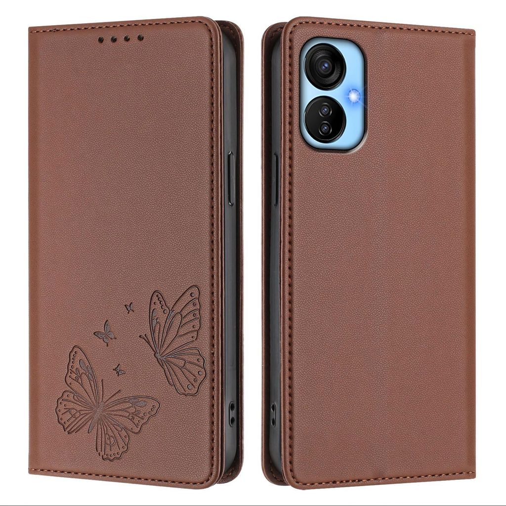 Lederhülle für Tecno Spark 9T/Spark 9 Pro, Schmetterling Prägung Leder Brieftasche Schutzhülle mit Ständer Braun