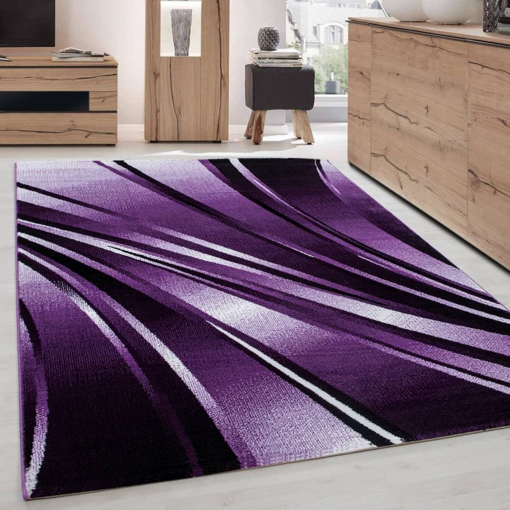 Moderner Teppich mit abstraktem Wellenmuster in einem Lila-Pflaumen-Farbverlauf, ideal für Wohnzimmer, Schlafzimmer oder 80 x 150 cm