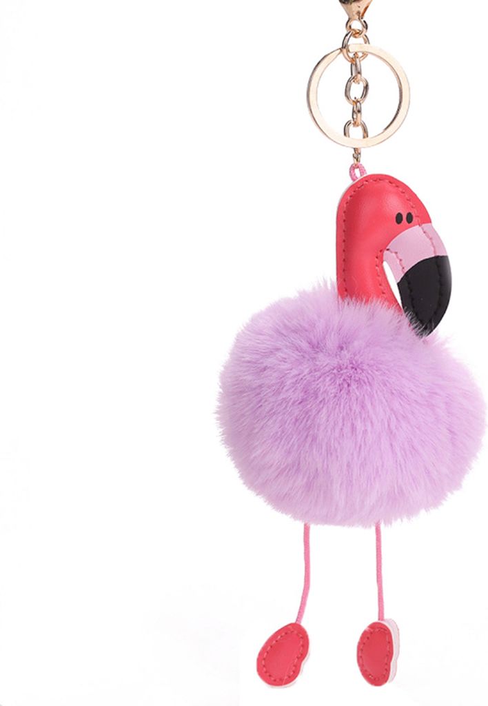 Schlüsselanhänger aus Kunstleder in Flamingo-Form, leicht, bezaubernd, mit Fellknäuel, flauschig, für den täglichen Gebrauch-Taro Lila