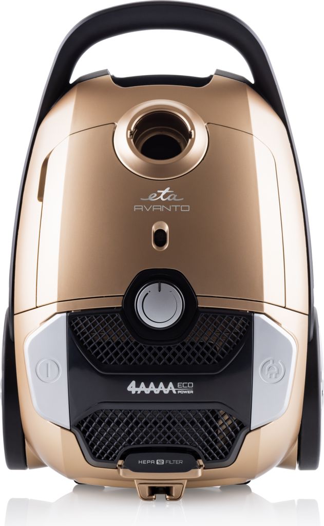 A front view of a gold and black vacuum cleaner against a white background.