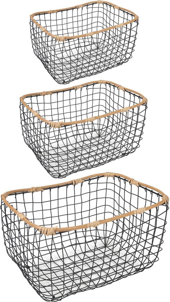 Metallkorb JIMO 3er Set schwarz - Aufbewahrungskörbe mit Rahmen in Rattanoptik, Drahtkorb, Dekokörbe, Organizer, stapelbar, Wohnzimmer, Badezimme...