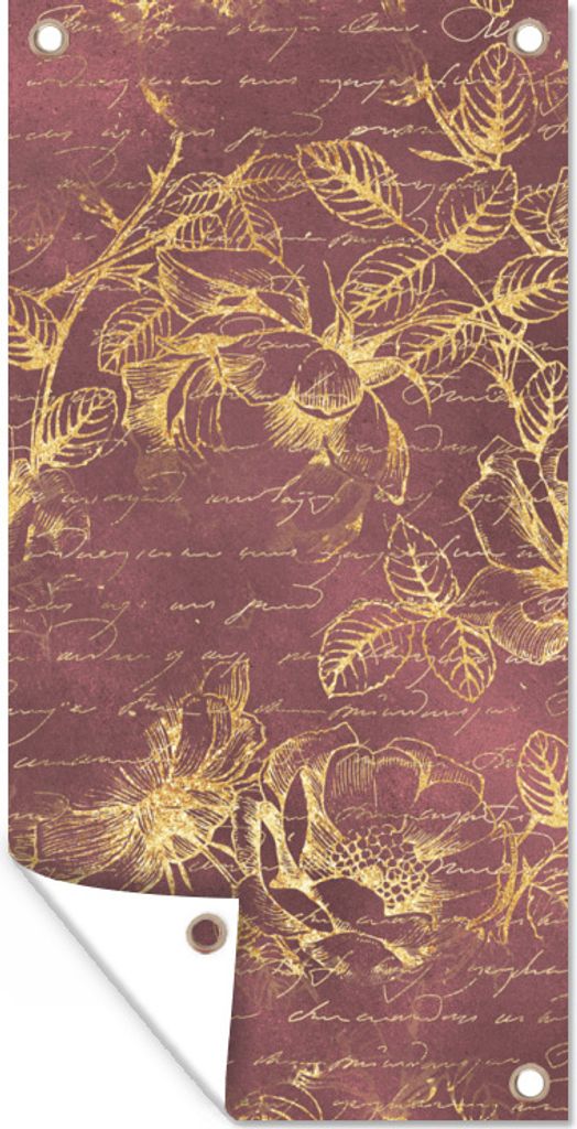 MuchoWow 80x160 cm Outdoor-Poster Gartendeko Sichtschutz Garten Poster für den Garten Blumen - Blätter - Gold