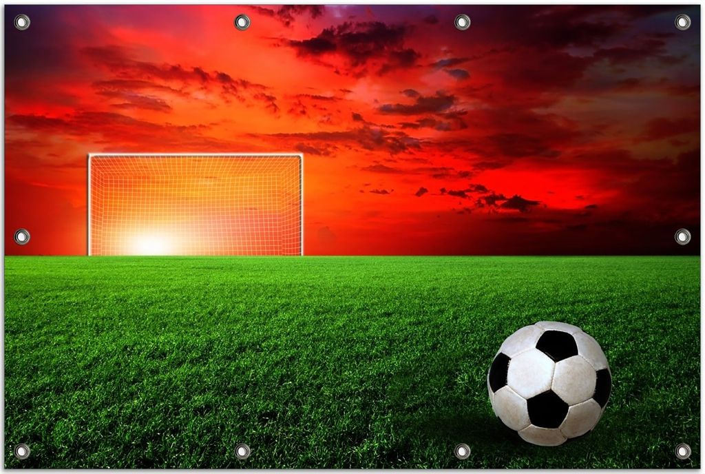 Wallario Outdoor-Poster für Garten oder Balkon, Motiv Fußball - Fußballfeld bei Sonnenuntergang, in ca. 80 x 120 cm
