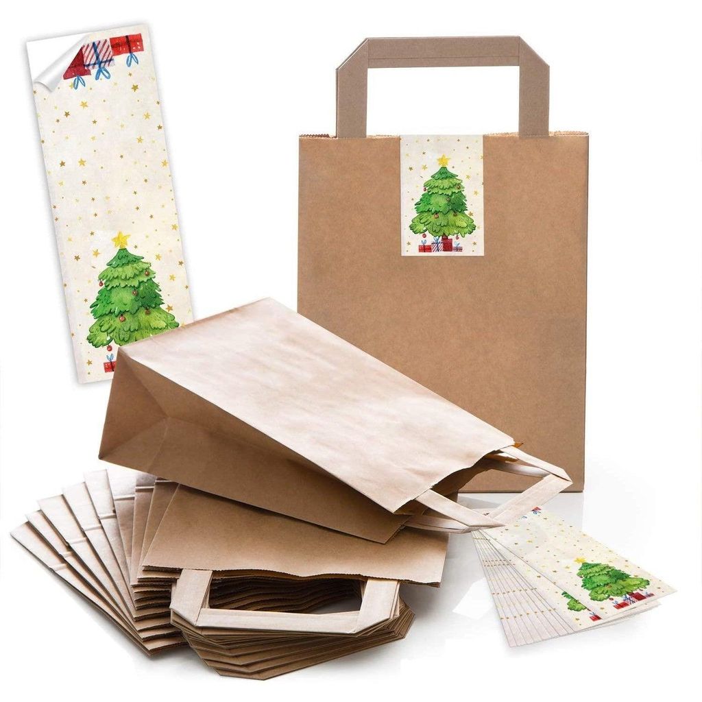 100 braune natur Kraftpapier Papiertüte Geschenk-Tasche mit Henkel Boden 18 x 8 x 22 cm + 100 Aufkleber FROHE WEIHNACHTEN DANKE KUNDEN MISTELN wei...