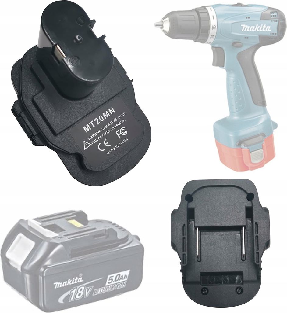 A collage of a power tool adapter, a power drill, and a battery pack.