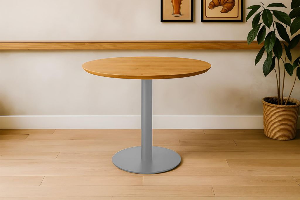 Runder Bistrotisch Brasilian | 80 x 80 cm | Akazienholz massiv | Farbe: Natur | Schweizer Kante | Säulen-Gestell Metall Silber | Holztisch/Säulen...