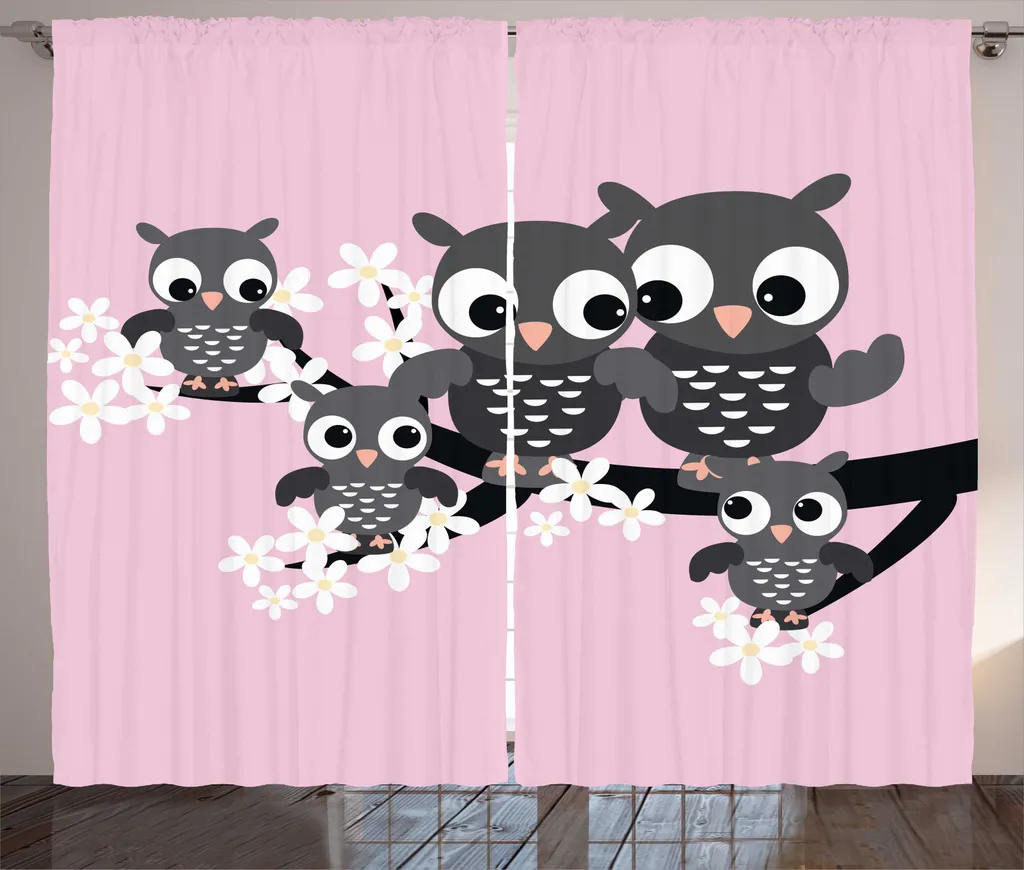 Rideau de Salon Rustique Famille Hibou 280x225 cm Rose et Gris Foncé