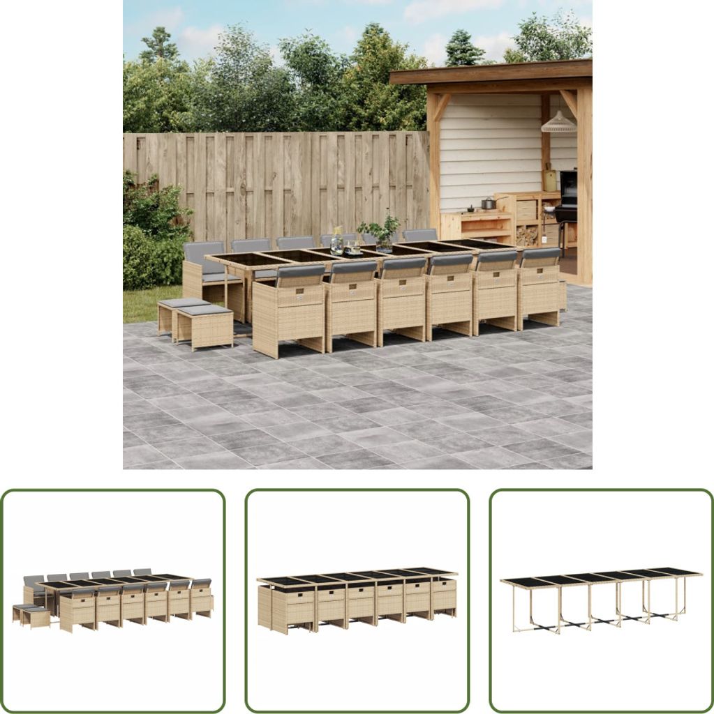 The Living Store 17-tlg. Garten-Essgruppe mit Kissen Beigemischung Poly Rattan