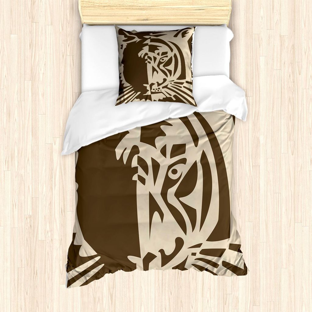 ABAKUHAUS Tiger Bettbezug Set, Abstrakte große Dschungel-Katzen-Raubkatzen-Schmutz-Element-Safari-Jagd-Aktions-Bild, 135 x 200 cm + 80 x 80 cm, Ta...