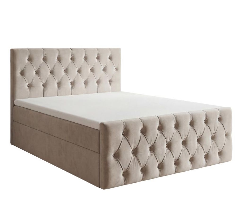 Hanzi Boxspringbett TALI 160x200 cm Beige mit Kristallsteppung, Topper, Bettkasten und Trageservice inklusive