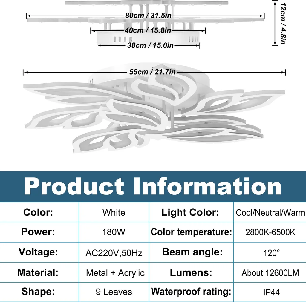 JOIEYOU Plafonnier LED Dimmable 180W - Lustre Design 9 Têtes avec Télécommande