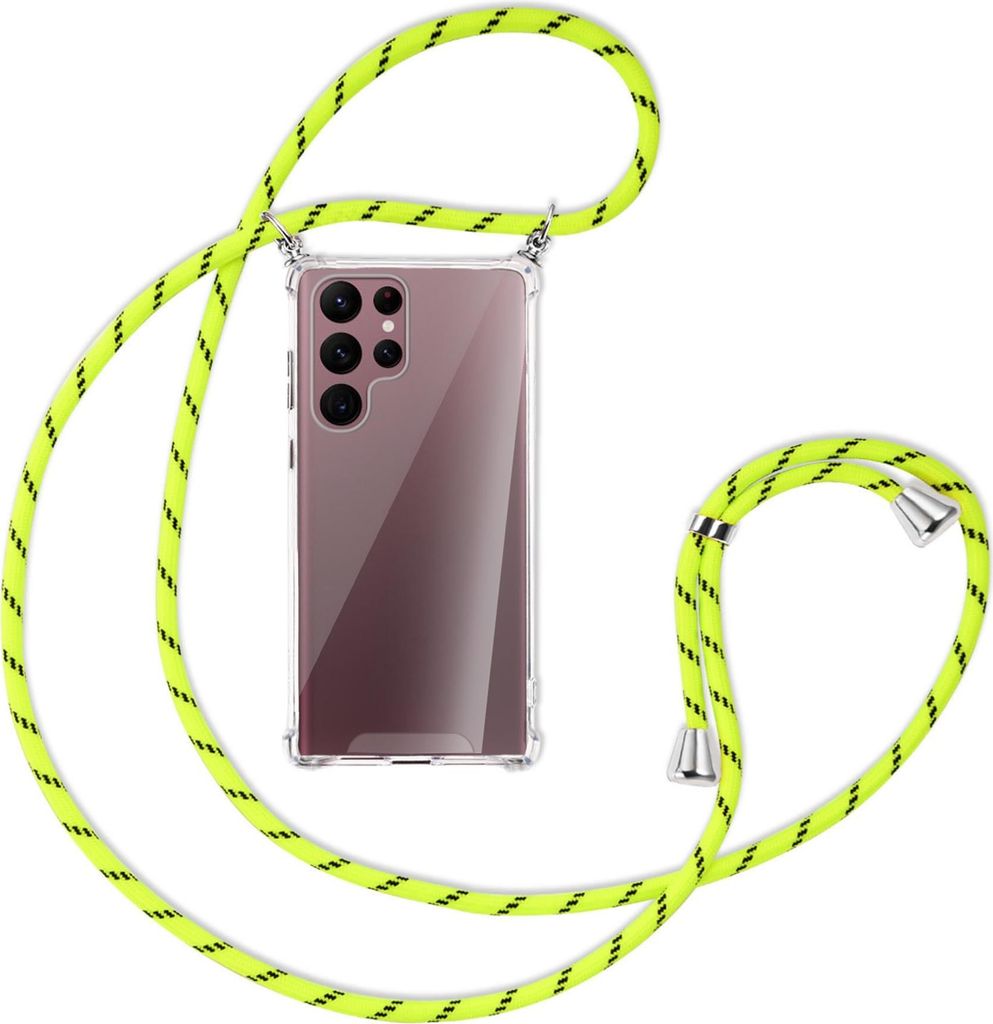 Handykette Backcover-Schutzhülle mit Band (Metall silberfarben) für Samsung Galaxy S22 Ultra 5G (S908) - neongelb