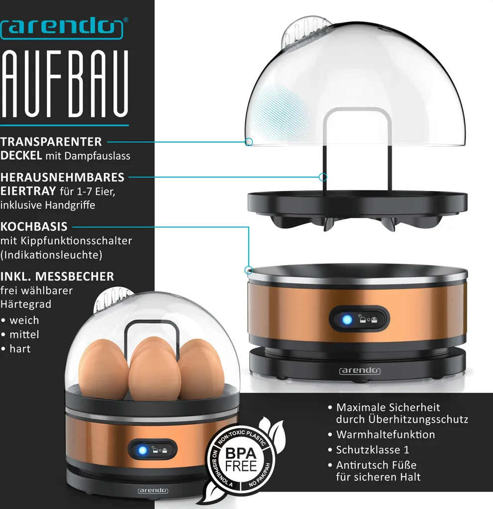 Arendo Frühstücksset, Wasserkocher ELEGANT mit Eierkocher
