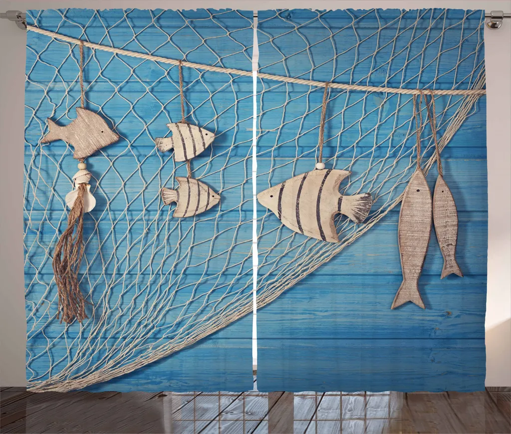 Rideau Décoratif pour Salon Ambiance Bord de Mer 280x225cm Bleu Beige