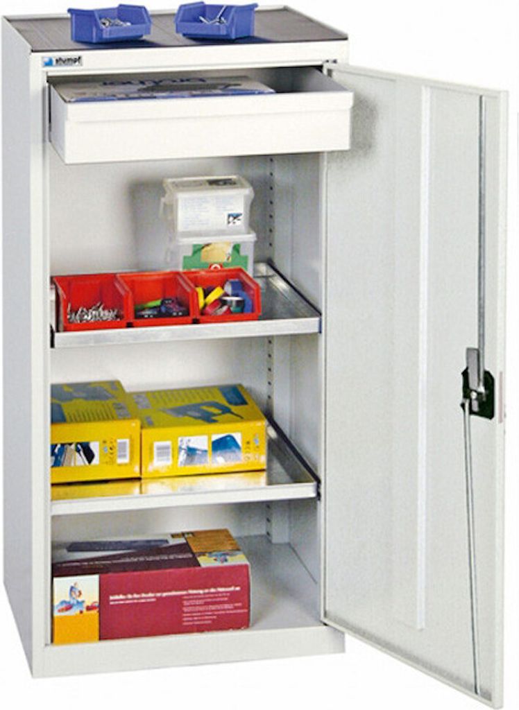 Werkzeugschrank mit 1 Tür | HxBxT 100x50x50cm | 1 Schublade & 2 verzinkte Fachböden | Lichtgrau/Lichtgrau