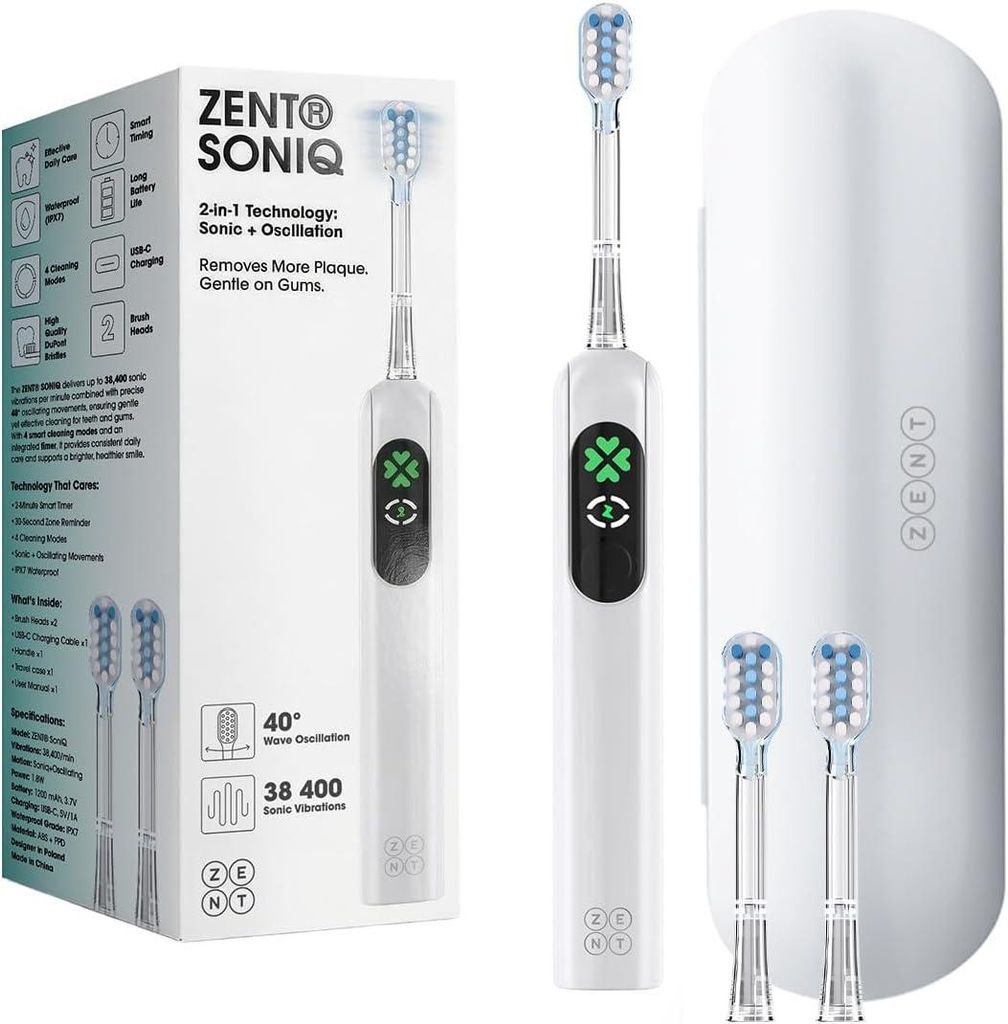 Elektrische Zahnbürste,38.400 VPM Oszillation,IPX7,4 Reinigungsmodi, Elektrische Zahnbürste mit Reiseetui, USB-C Ladekabel,2 Bürstenköpfe,30 Ta...