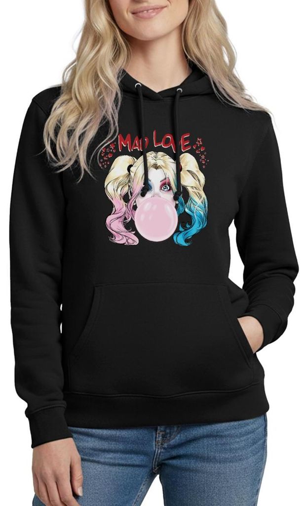 Spreadshirt Harley Quinn Mad Love Bubblegum Damen Hoodie, XXL, Schwarz