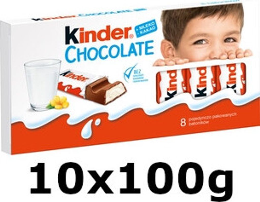 A box of Kinder Chocolate bars with a child peeking over the top.