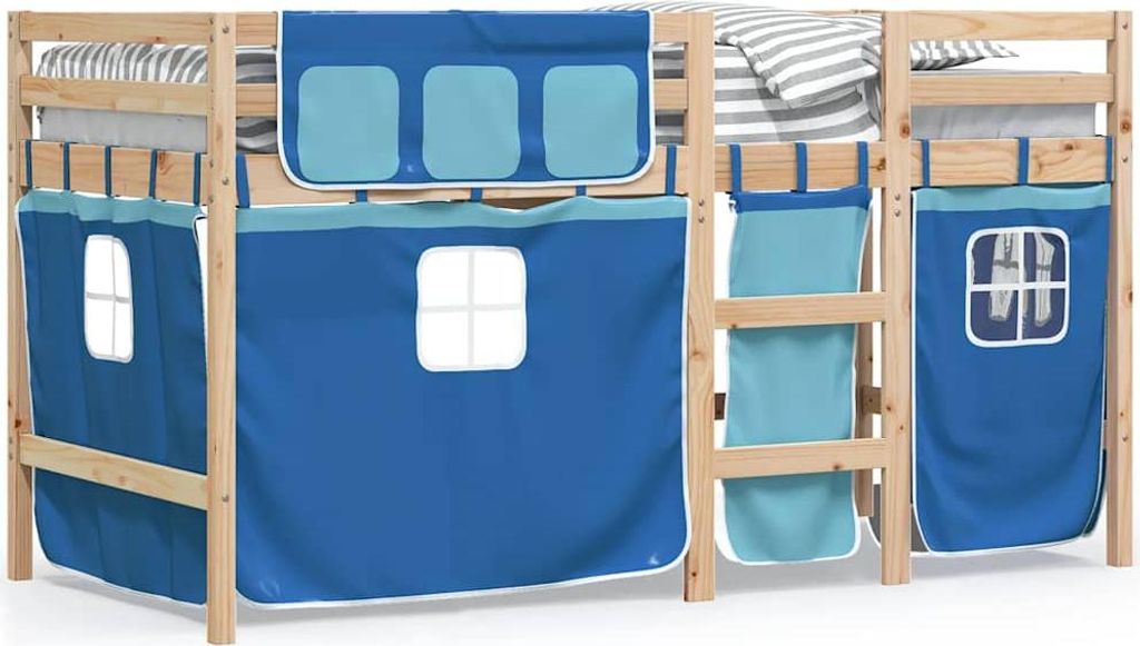 vidaXL Kinderhochbett mit Vorhängen Blau 90x190 cm Massivholz Kiefer