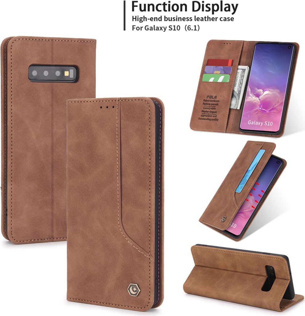 Galaxy S10 Hülle, LaimTop Retro Kunstledertasche Schutzhülle mit Kartenfach Standfunktion für Samsung Galaxy S10 Braun