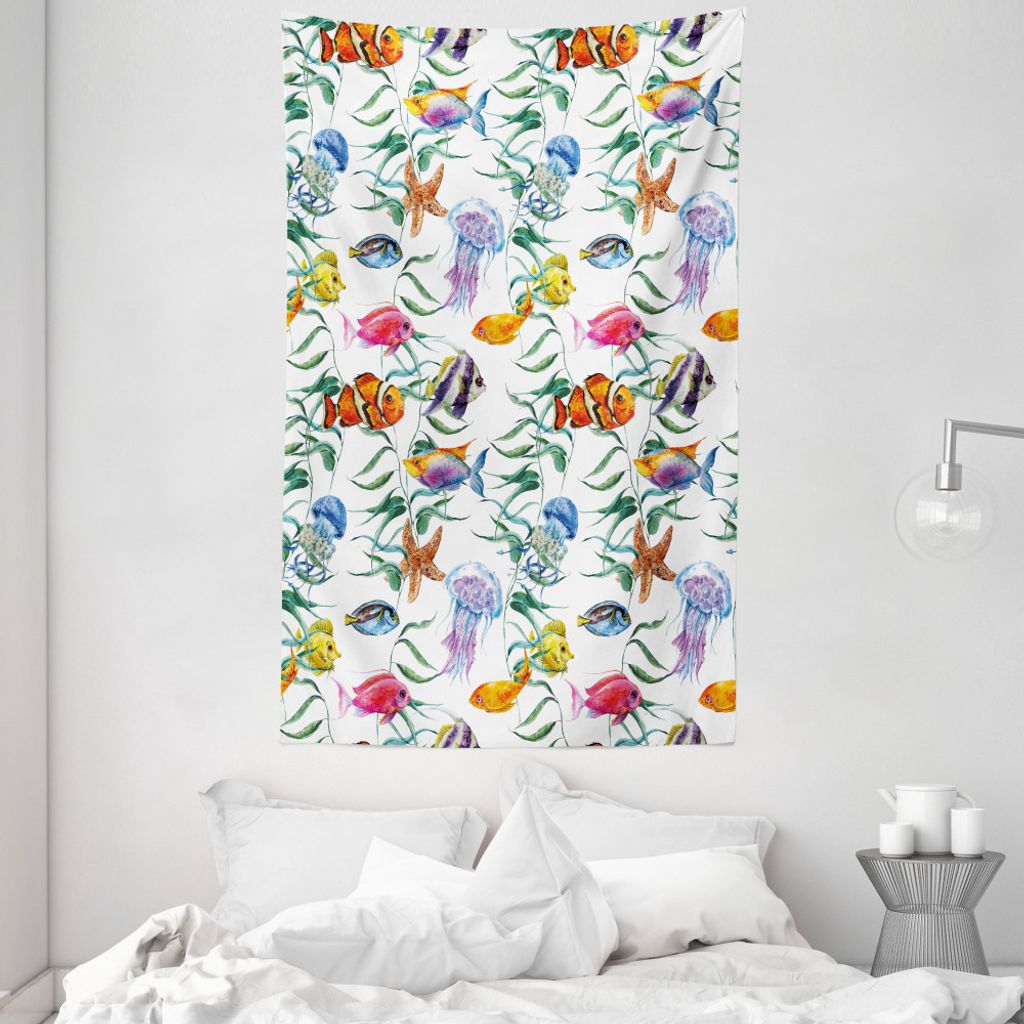ABAKUHAUS Fisch Wandteppich und Tagesdecke, Aquarell Unterwasser aus Weiches Mikrofaser Stoff Waschbar ohne Verblassen Digitaldruck, 140 x 230 cm, ...