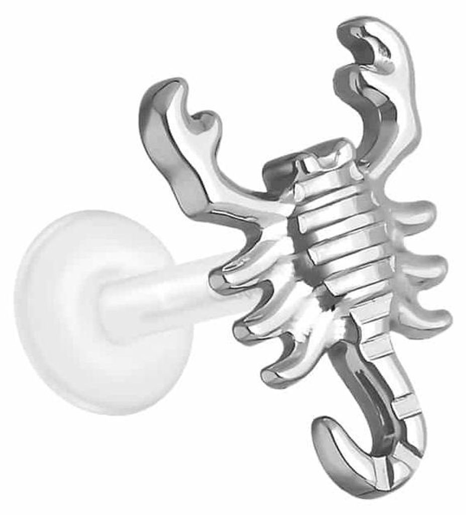 Ohrpiercing, Nasenpiercing PTFE Labret mit Innengewinde + Titan-Aufsatz SKORPION Silber Stablänge: 7mm | Stabstärke: 1,2mm