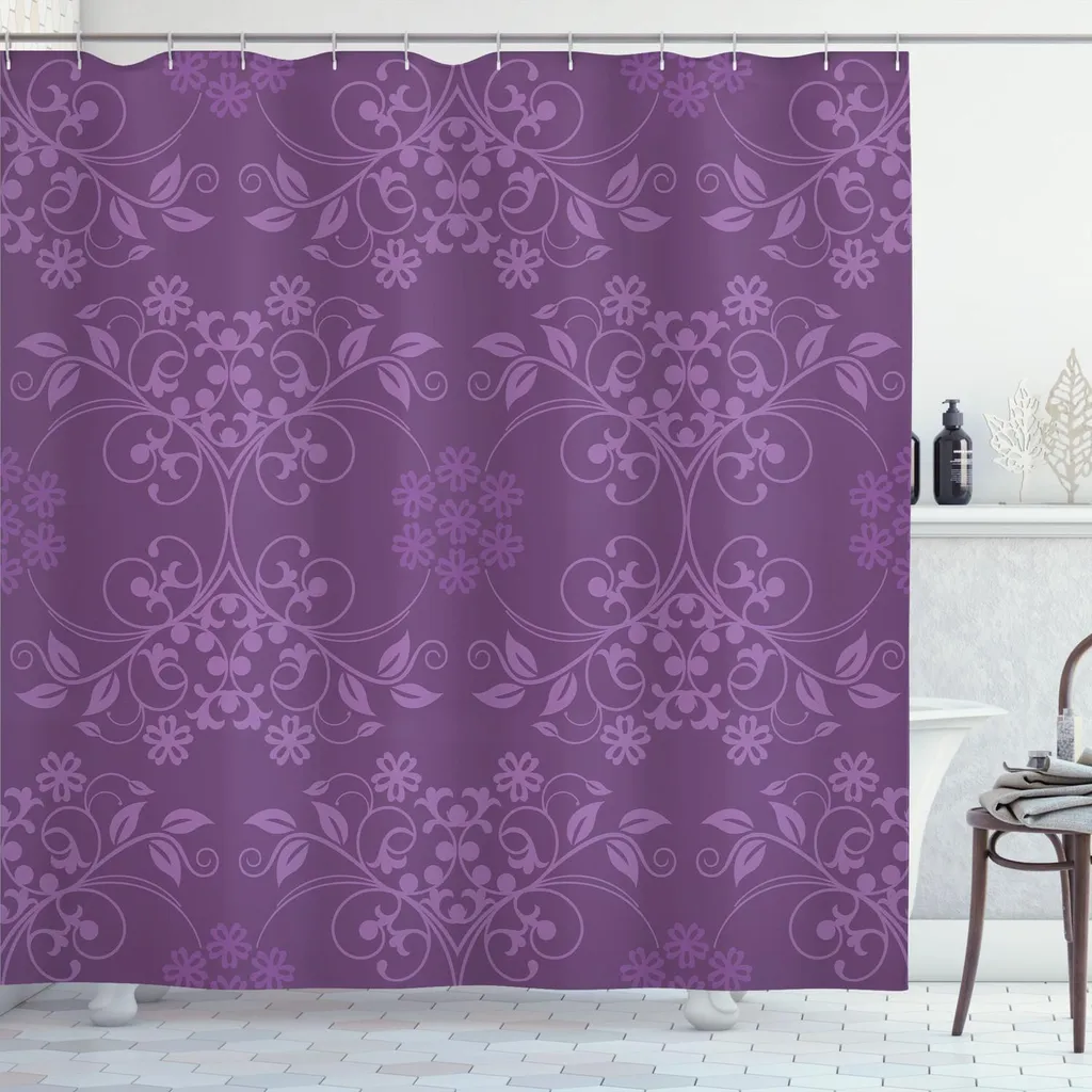 ABAKUHAUS Tenda da doccia Aubergine, splendidi fiori ben disegnati su sfondo damascato viola con decorazioni floreali, 175 x 180 cm, viola