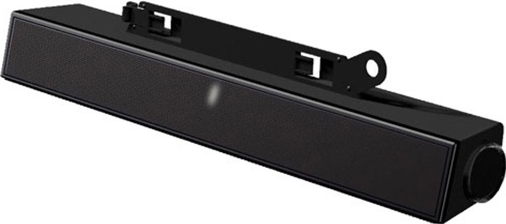 A black soundbar with a mounting bracket is shown against a white background.