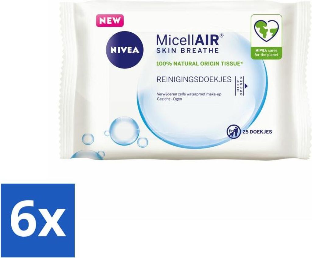 NIVEA – Reinigungstücher – 3-in-1 Mizellentücher – Entfernt wasserfestes Make-up – 25 Tücher - Vorteilspack - 6 Stücke