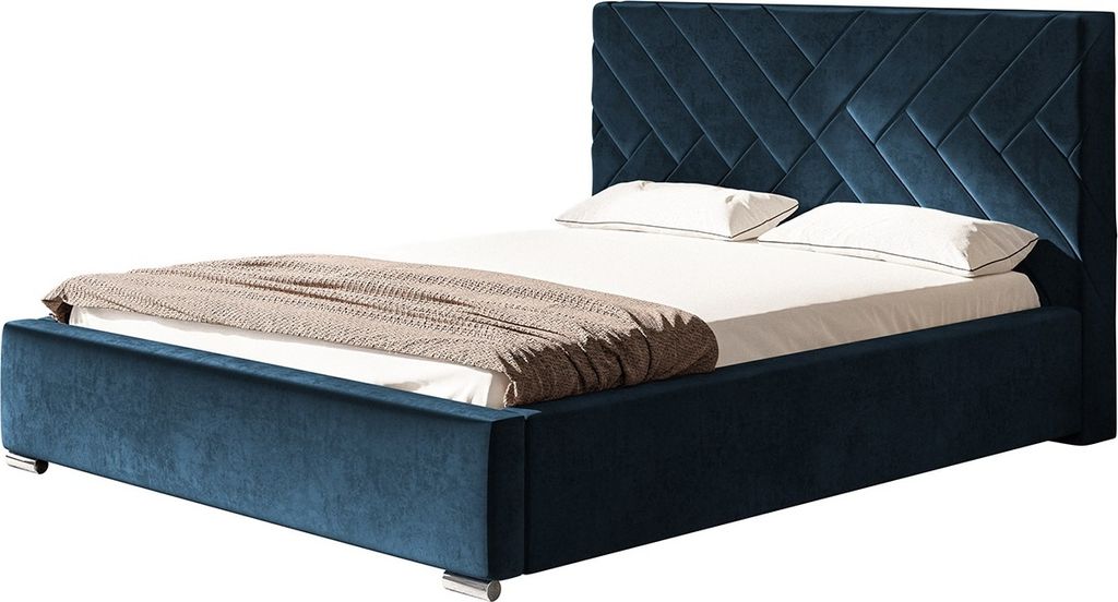Polsterbett MONACO mit Kopfteil, 140x200 cm, Doppelbett mit Bettkasten und Lattenrost aus Holz, Velourstoff Dunkelblau