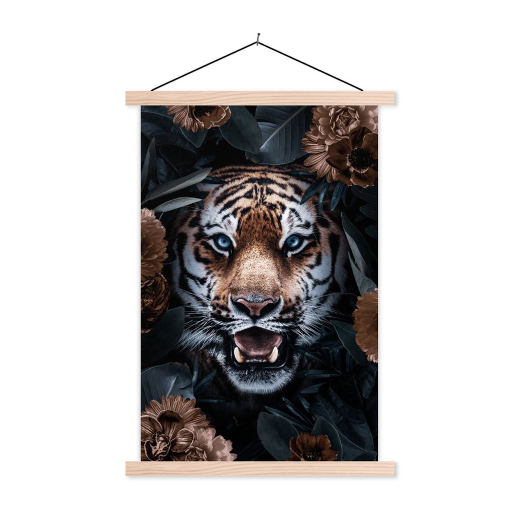 MuchoWow Textilposter Porträt - Tiger - Blumen 40x60 cm mit holzfarbenen Rahmen - Poster