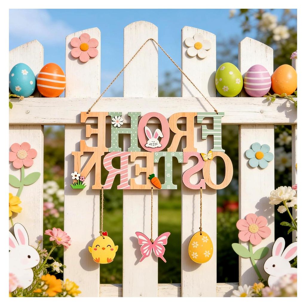 Oster Türschild aus Holz, Dekoration für Ostern, Willkommen Schild mit Osterhase und Ostereiern, zum Aufhängen an Haustür, Fenster und Wand