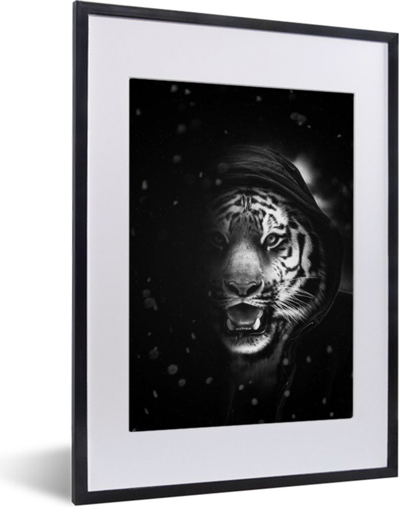 MuchoWow Gerahmtes Poster Tiger mit Kapuze im Schatten - schwarz und weiß 30x40 cm - Poster mit Schwarzem Bilderrahmen Wandposter Rahmen Foto Bi...