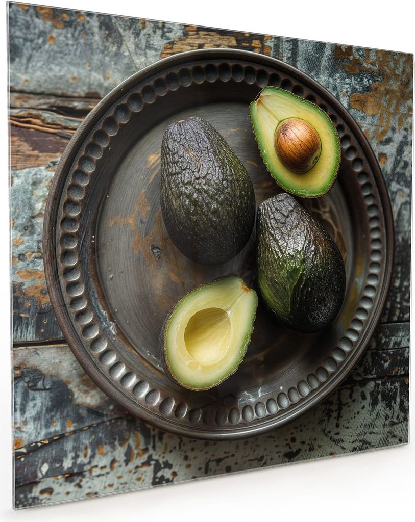 Küchenrückwand Spritzschutz Glas mit Motiv Avocados Holzteller 40 x 40 cm
