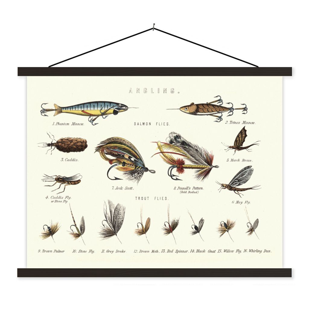 MuchoWow Textilposter Eine Vintage-Illustration von verschiedenen Angelködern 150x113 cm mit schwarzem Rahmen - Wohnzimmer